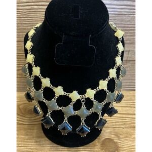 Gold Tone Statement Bib Faux Diamond Stones Jewels Necklace Green‎ Yellow Black